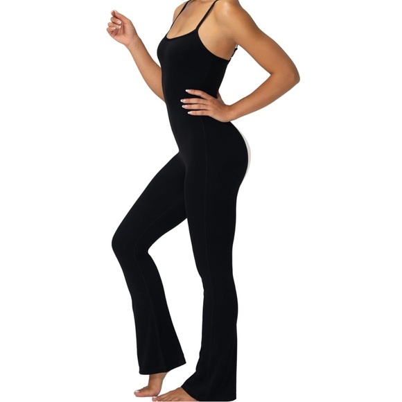 OQQ NWT Black Ribbed High Compression Flair Leg Adjustable Strap Jumpsuit - Picture 1 of 5